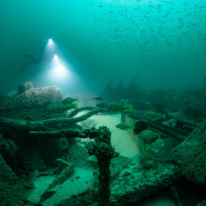 Diver behind wreck pipework with fish around and a shoal overhead, Saint-Malo, Brittany, France
