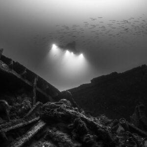 Black and white wreck hull sides with lit diver and fish shoal above, Saint-Malo, Brittany, France