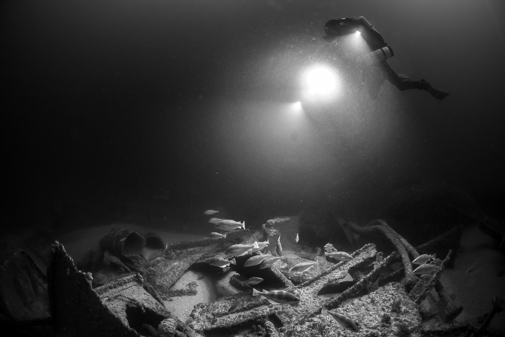 Black and white diver shining a bright light down on fish over debris, Saint-Malo, Brittany, France