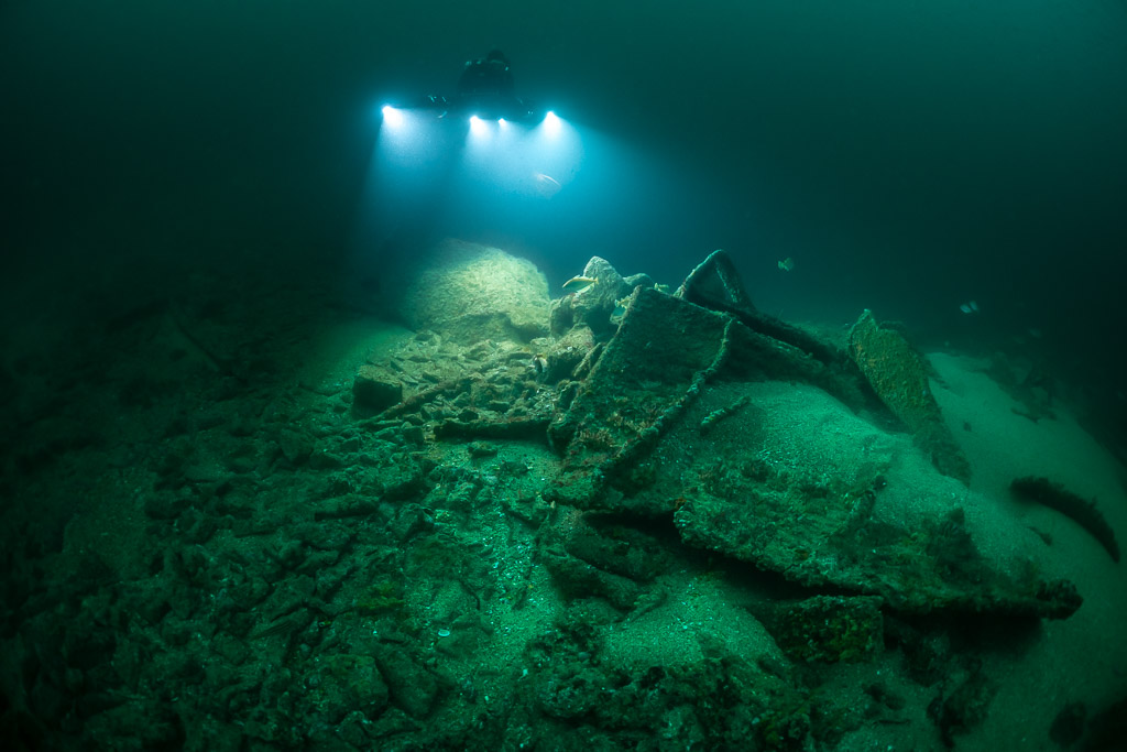Photogrammetry lights over a broad mound of wreck debris, Saint-Malo, Brittany, France
