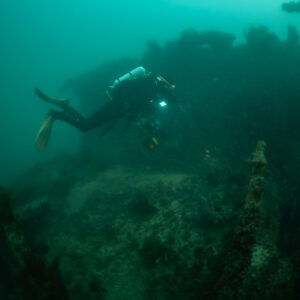 Diver swimming past encrusted structures of the Laplace wreck, Laplace wreck, Brittany, France