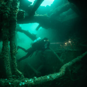 Diver among the encrusted beams of the Laplace with light from openings, Laplace wreck, Brittany, France