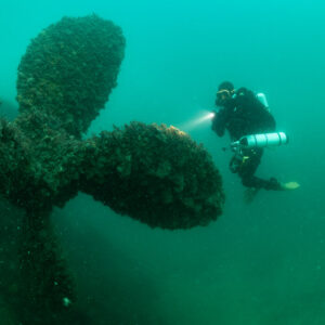 Diver with torch beside the large propeller of the Laplace, vertical, Laplace wreck, Brittany, France