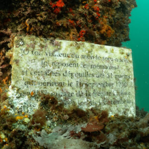 Close-up of the memorial plaque to the 51 sailors of the Laplace, Laplace wreck, Brittany, France