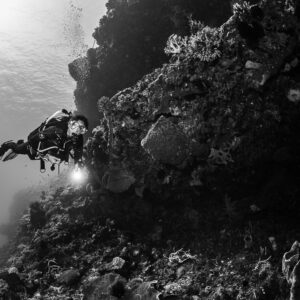 Black and white diver with torch along a dark reef wall, Cave Point, Banda Sea, Indonesia