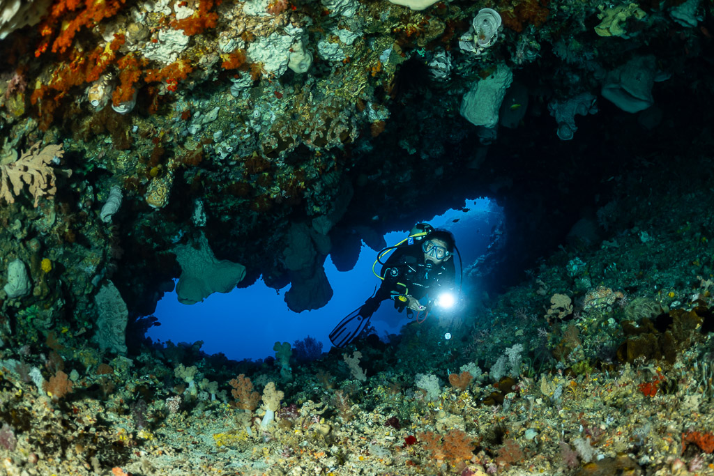 Diver lighting the exit of a reef swim-through, The Arch, Banda Sea, Indonesia