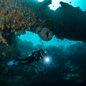 Plongeur avec phare passant sous une arche du récif, Hole in the Wall, mer de Banda, Indonésie