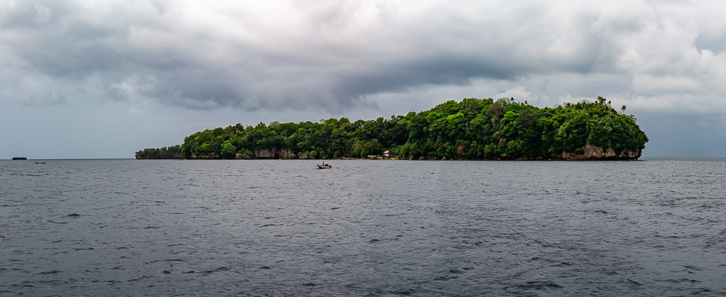 Petite île boisée sur une mer grise sous un ciel couvert, îles Banda, mer de Banda, Indonésie