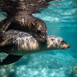 Young sea lion lying across another's back just under the surface, Los Islotes, Baja California Sur, Mexico