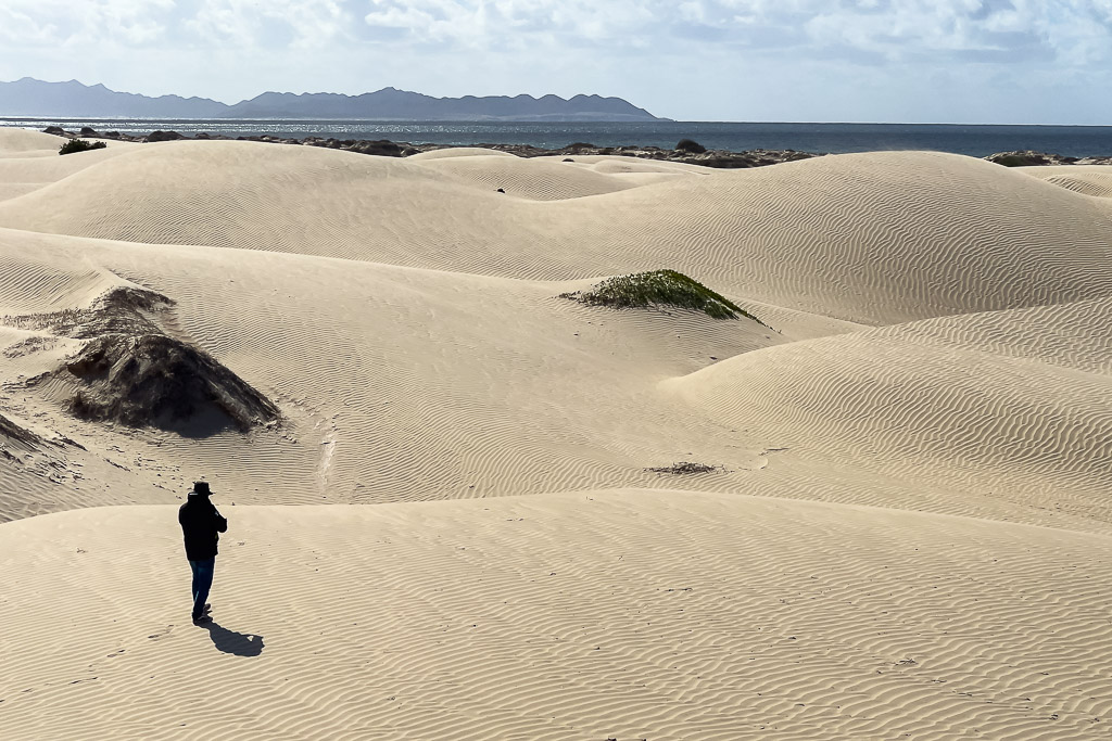 Silhouetted person walking across sand dunes toward distant mountains, Magdalena Bay, Baja California Sur, Mexico