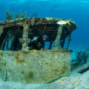 Diver framed inside the wheelhouse windows of a small boat wreck, Grand Bahama, Bahamas