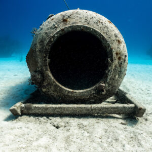 Extrémité ouverte d’une chambre cylindrique immergée sur son châssis, vue de face, Grand Bahama, Bahamas