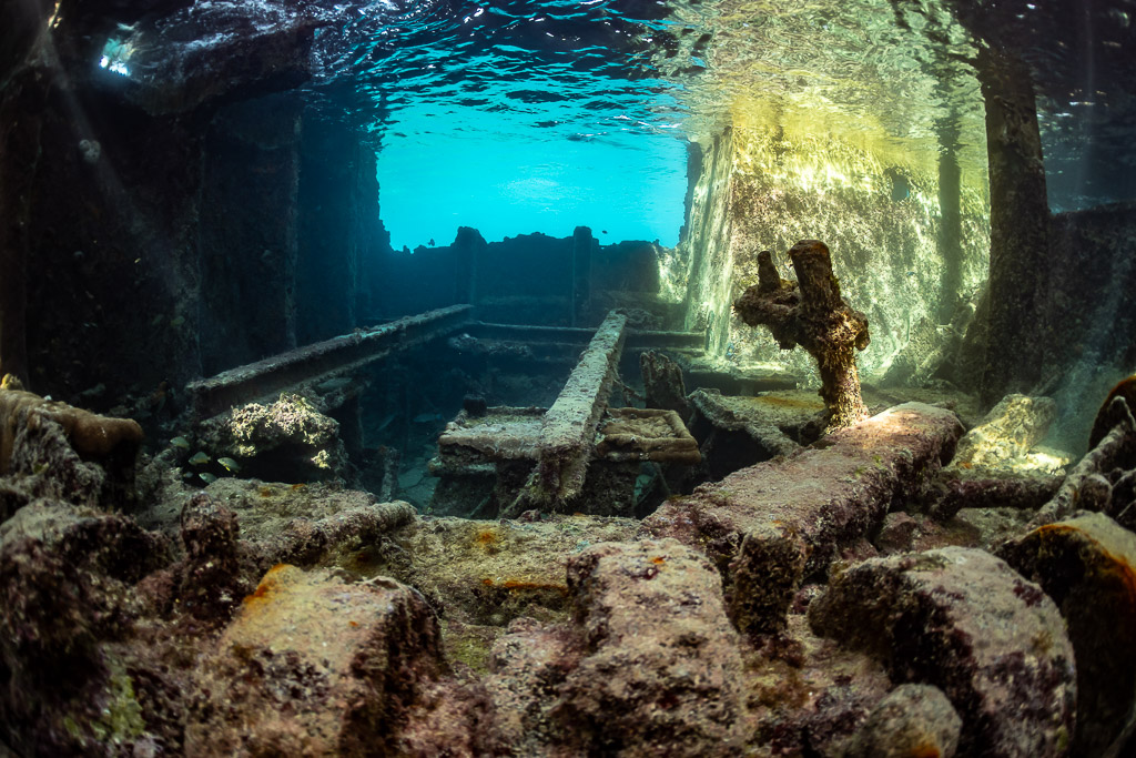 Interior of a shallow wreck with encrusted beams and sunlit opening, SS Sapona wreck, Bimini, Bahamas