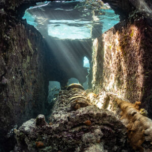Étroit couloir entre des parois d’épave concrétionnées éclairé par le haut, épave du SS Sapona, Bimini, Bahamas