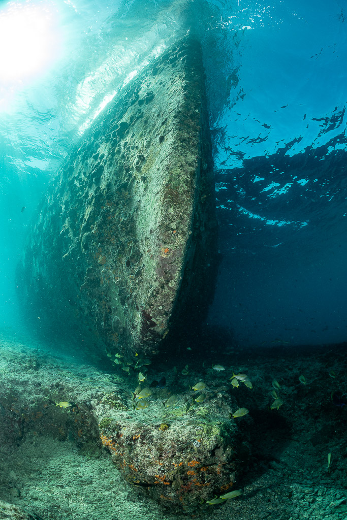 Vertical view of a wreck hull rising toward the bright surface, SS Sapona wreck, Bimini, Bahamas