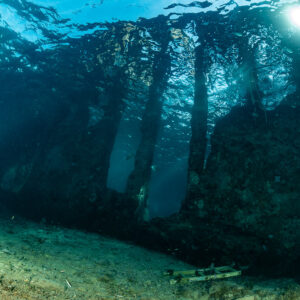 Dark wreck structure with pillars backlit by the surface, SS Sapona wreck, Bimini, Bahamas