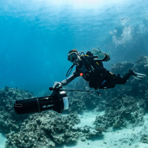 Diver with underwater scooter gliding over a sunlit coral reef, Shaab Marsa Alam, Red Sea, Egypt