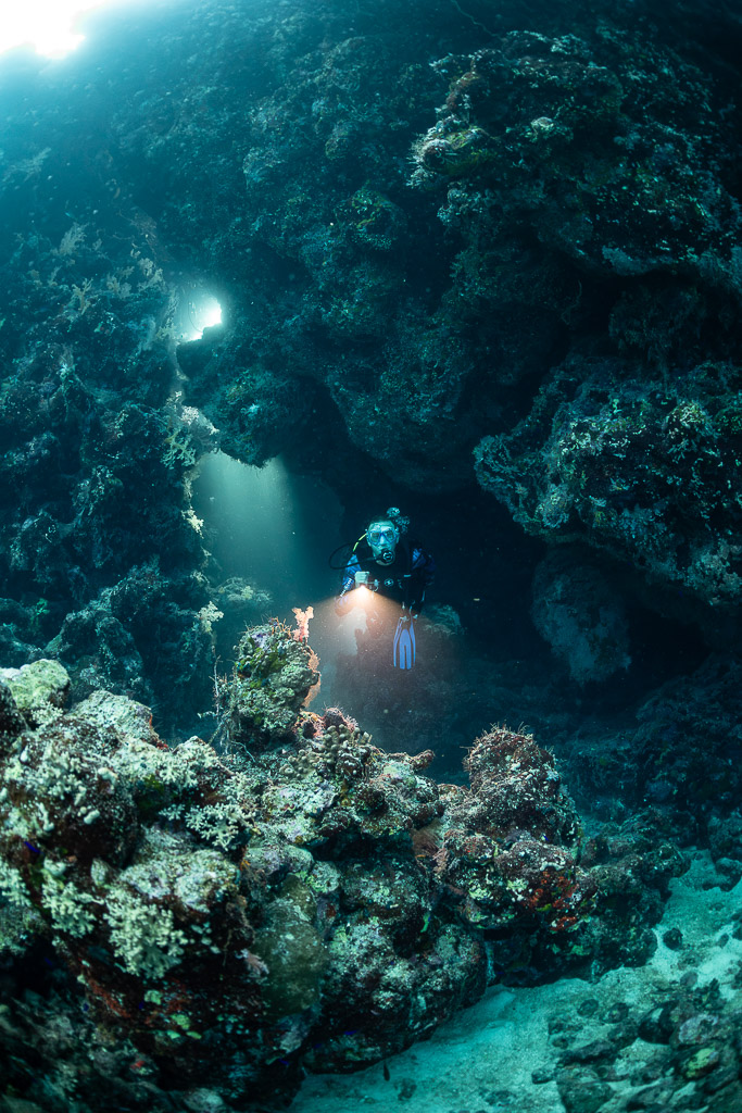 Diver with torch emerging from a reef cave under light from above, Zabargad, Red Sea, Egypt