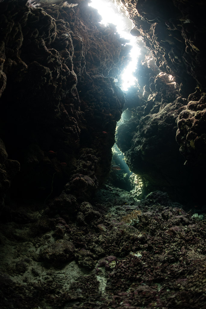 Light filtering through a narrow crack into a dark reef cave, Zabargad, Red Sea, Egypt