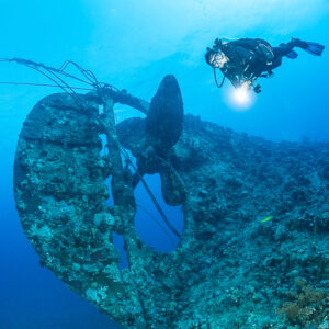 Diver with torch above the rudder and propeller of a wreck stern, Levanzo wreck, Red Sea, Egypt