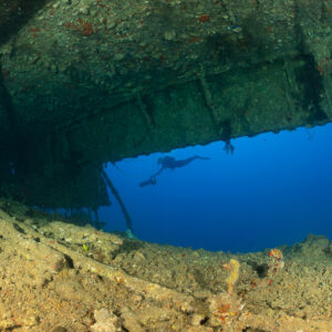 Diver seen through a large opening from inside a wreck, Levanzo wreck, Red Sea, Egypt