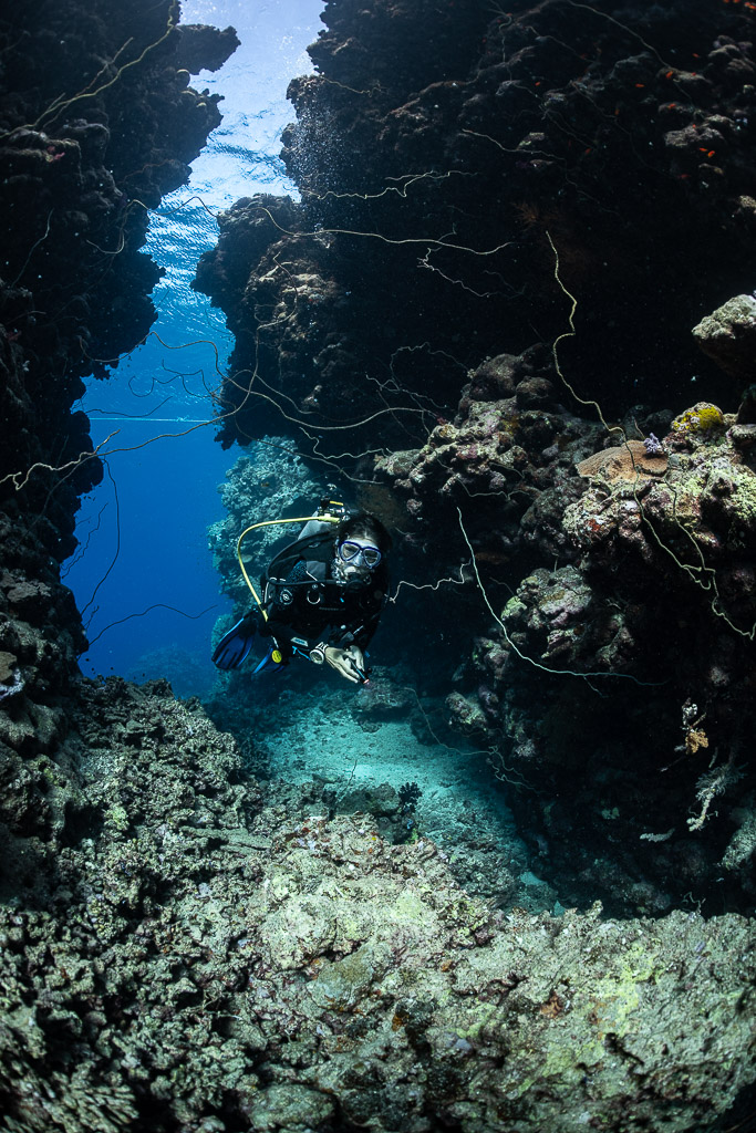 Diver entering a narrow rock passage, vertical, Gota Elba, Red Sea, Egypt