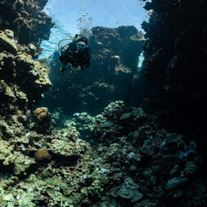 Diver between rock walls in a shallow reef passage, Gota Elba, Red Sea, Egypt