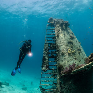 Diver beside the tail fin of a seaplane wreck under the surface, vertical, Grumman HU-16 Albatross wreck, Red Sea, Egypt