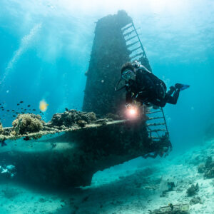 Diver lighting the tail fin of a seaplane wreck among small fish, Grumman HU-16 Albatross wreck, Red Sea, Egypt