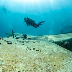 Divers above the wing of a seaplane wreck seen from the wingtip, Grumman HU-16 Albatross wreck, Red Sea, Egypt