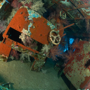 Red machinery and handwheel with soft corals inside a wreck, Sabri Baba 1 wreck, Red Sea, Egypt