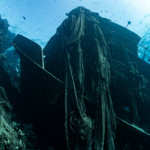 Close view of fishing nets hanging from a wreck superstructure, Sabri Baba 1 wreck, Red Sea, Egypt