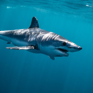 Shortfin mako shark with open mouth and rows of teeth in profile, Mexico