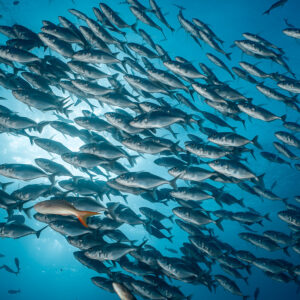 School of jacks backlit by the sun with a single red fish, El Boiler (San Benedicto), Revillagigedo, Mexico