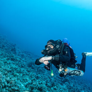 Rebreather diver approaching the camera over a coral slope, Safaga, Red Sea, Egypt
