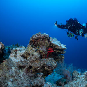 Rebreather diver with torch approaching a reef outcrop in deep blue, Safaga, Red Sea, Egypt