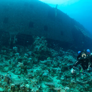 Rebreather diver hovering over coral debris beside the large wreck, Al Kahfain wreck, Red Sea, Egypt