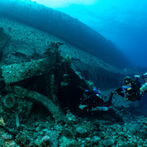 Two rebreather divers facing the camera at the wreck, Al Kahfain wreck, Red Sea, Egypt