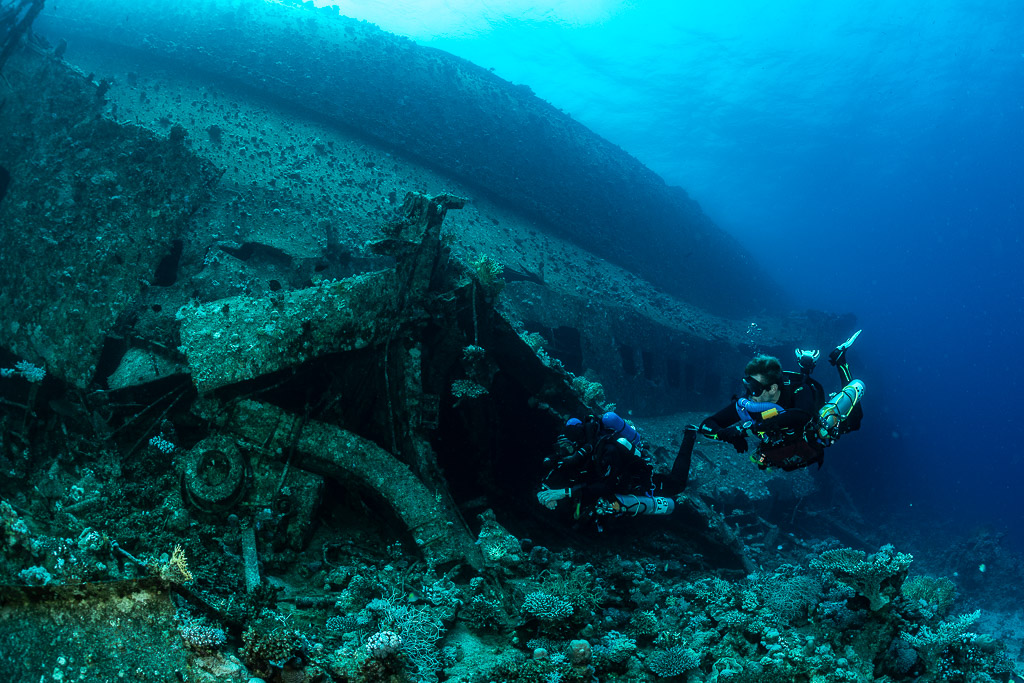 Two rebreather divers facing the camera at the wreck, Al Kahfain wreck, Red Sea, Egypt