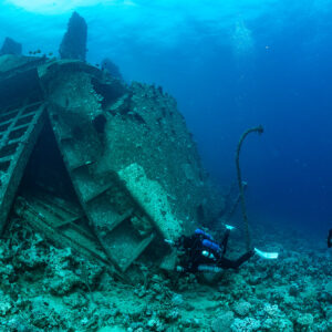 Divers at the grid-like structure of the wreck, Al Kahfain wreck, Red Sea, Egypt