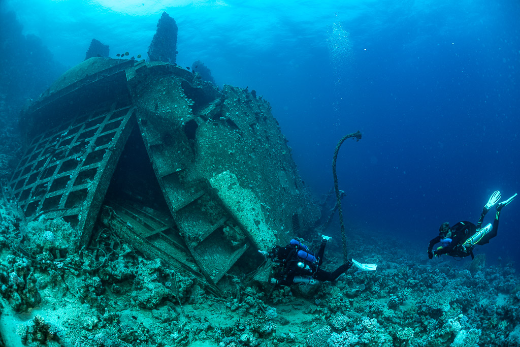 Divers at the grid-like structure of the wreck, Al Kahfain wreck, Red Sea, Egypt