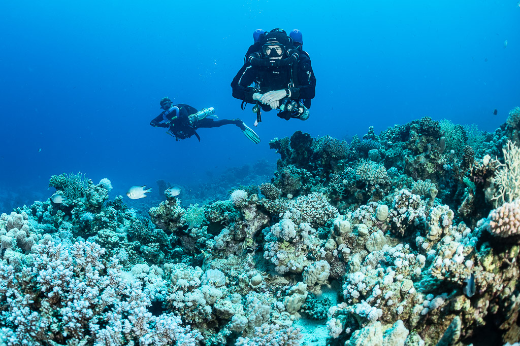 Rebreather diver facing the camera with a second diver behind, Safaga, Red Sea, Egypt