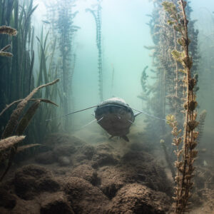 Wels catfish approaching head-on through a corridor of aquatic plants, Lake Salagou, Hérault, France