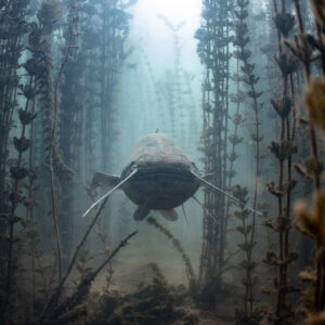 Wels catfish approaching between tall plant stems, vertical frame, Lake Salagou, Hérault, France