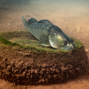 Zander resting on a round moss-covered mound on the bottom, Lake Salagou, Hérault, France
