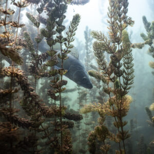 Zander half hidden behind aquatic plants, seen from below, Lake Salagou, Hérault, France